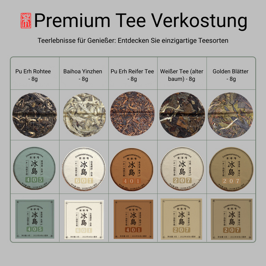 Fünf handgepresste Mini-Teekuchen – je ausreichend für ca. 2 Aufgüsse – versammeln Roh-Pu Erh, gereiften Pu Erh, Baihao Yinzhen, Weißer Baumtee und Golden Leaves. Intensiv süß, blumig-fruchtig und erdig – perfekt portioniert für Ihre exklusive Tee-Verkostung.